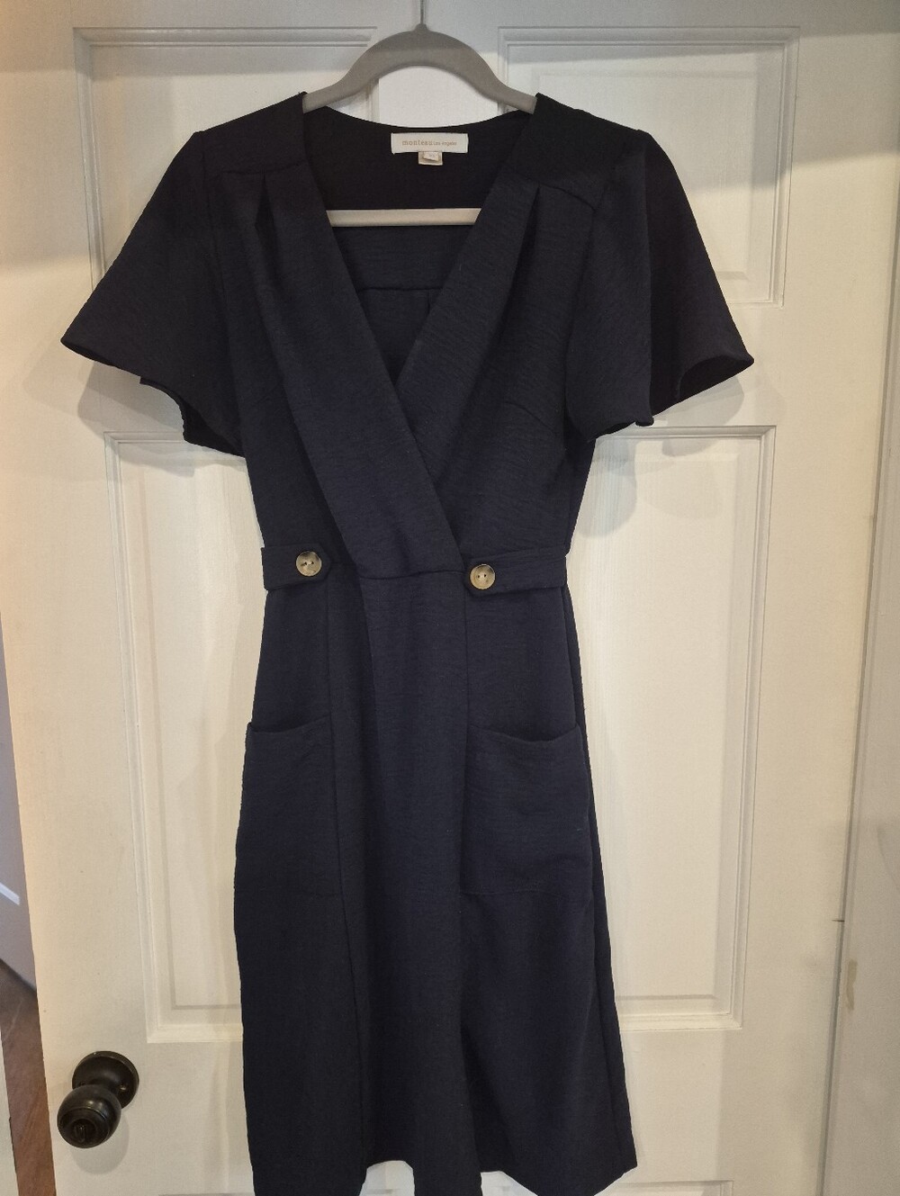 Monteau Navy Wrap Dress with Button Waist Accents